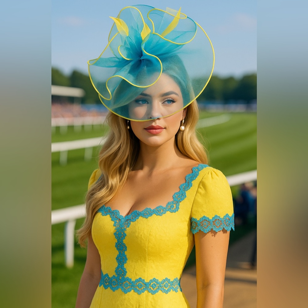 Kentucky Derby Hat Fascinator Organza Feather Elegant Yellow and Blue Statement